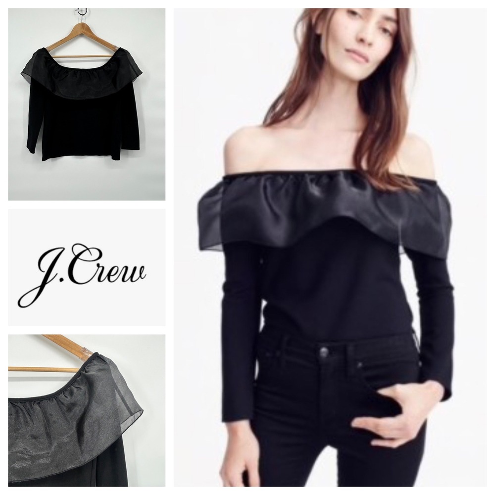 J.Crew Black‎ Off The Shoulder Long Sleeve Top Ruffle Neckline Size Small